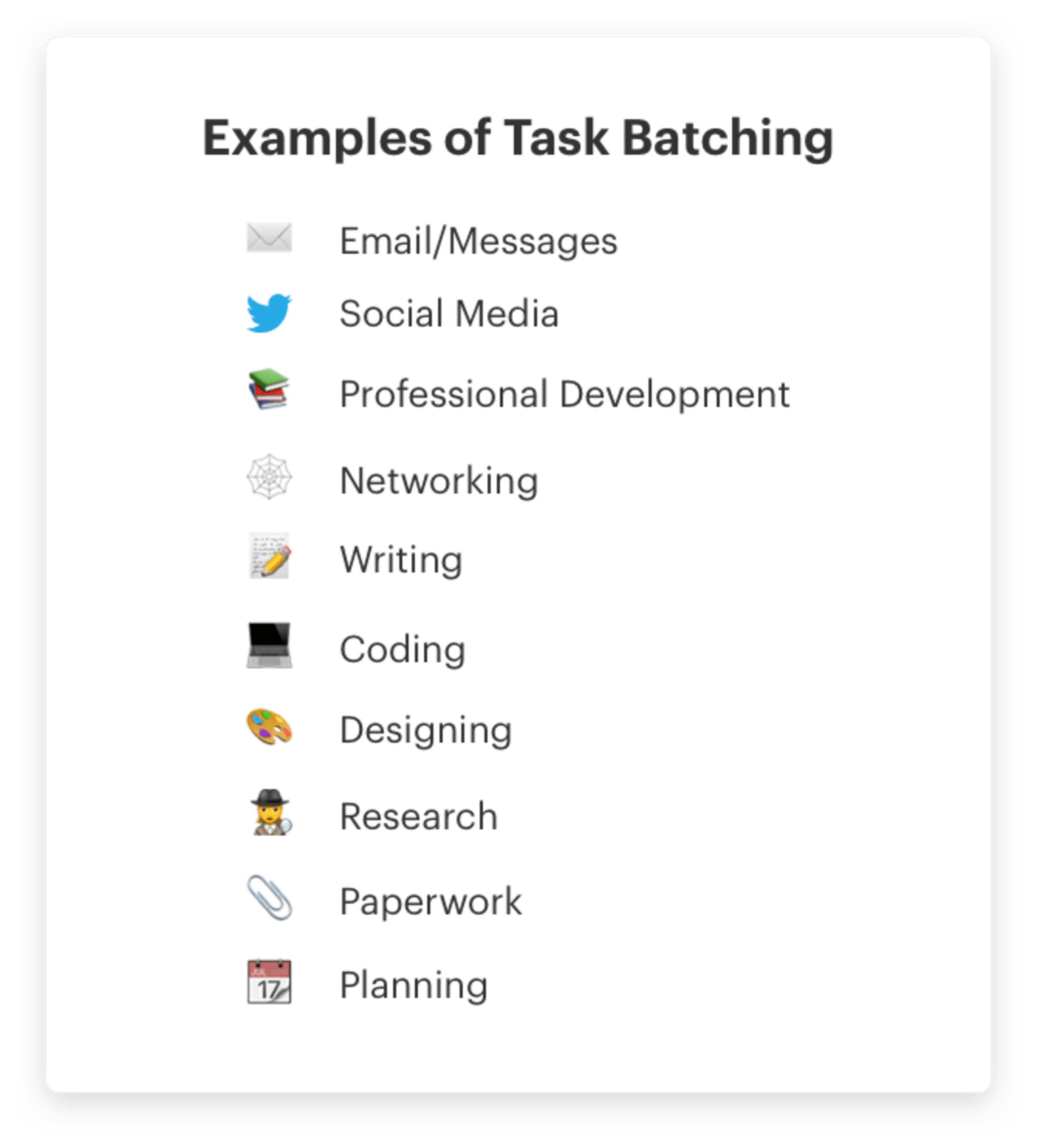 Common task batching examples such as email/messages, social media, networking, and writing