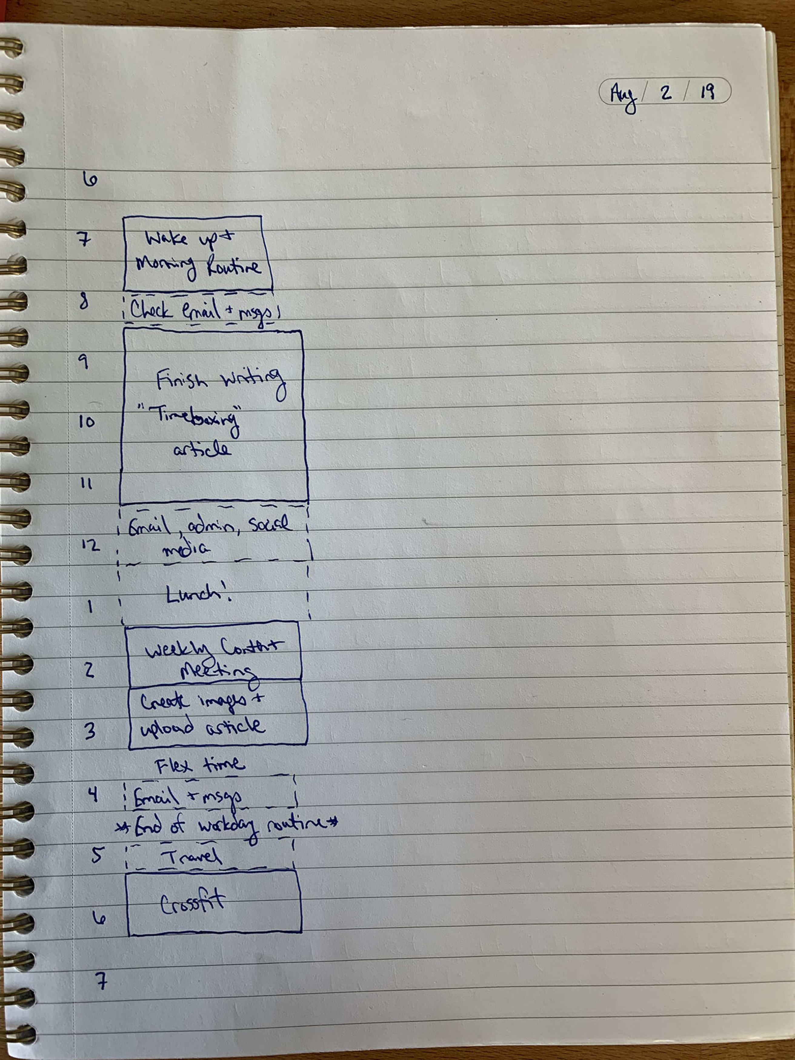 Handwritten timeboxed schedule on paper
