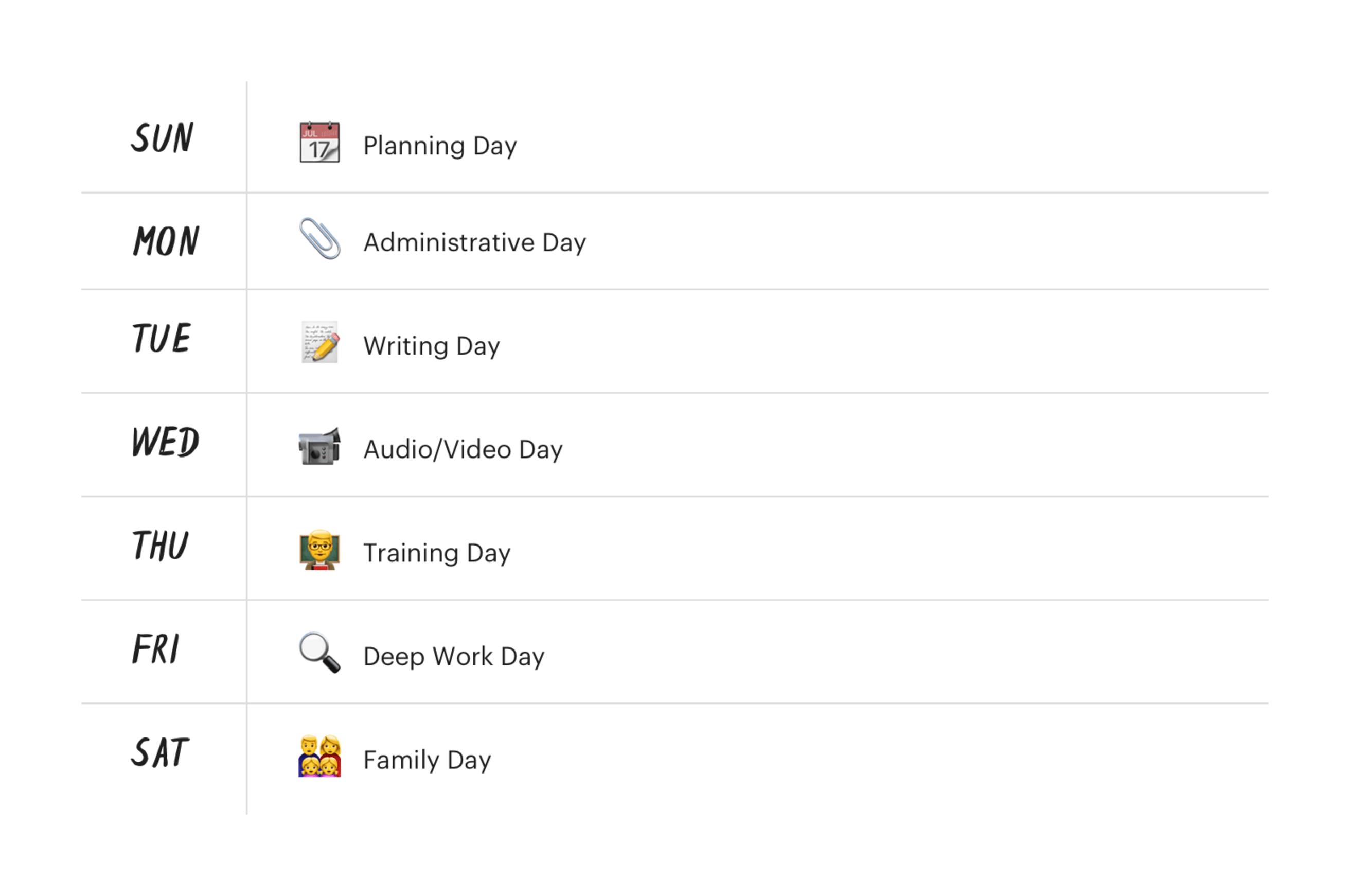 Day theming calendar with days for administrative tasks, writing, deep work, and training.