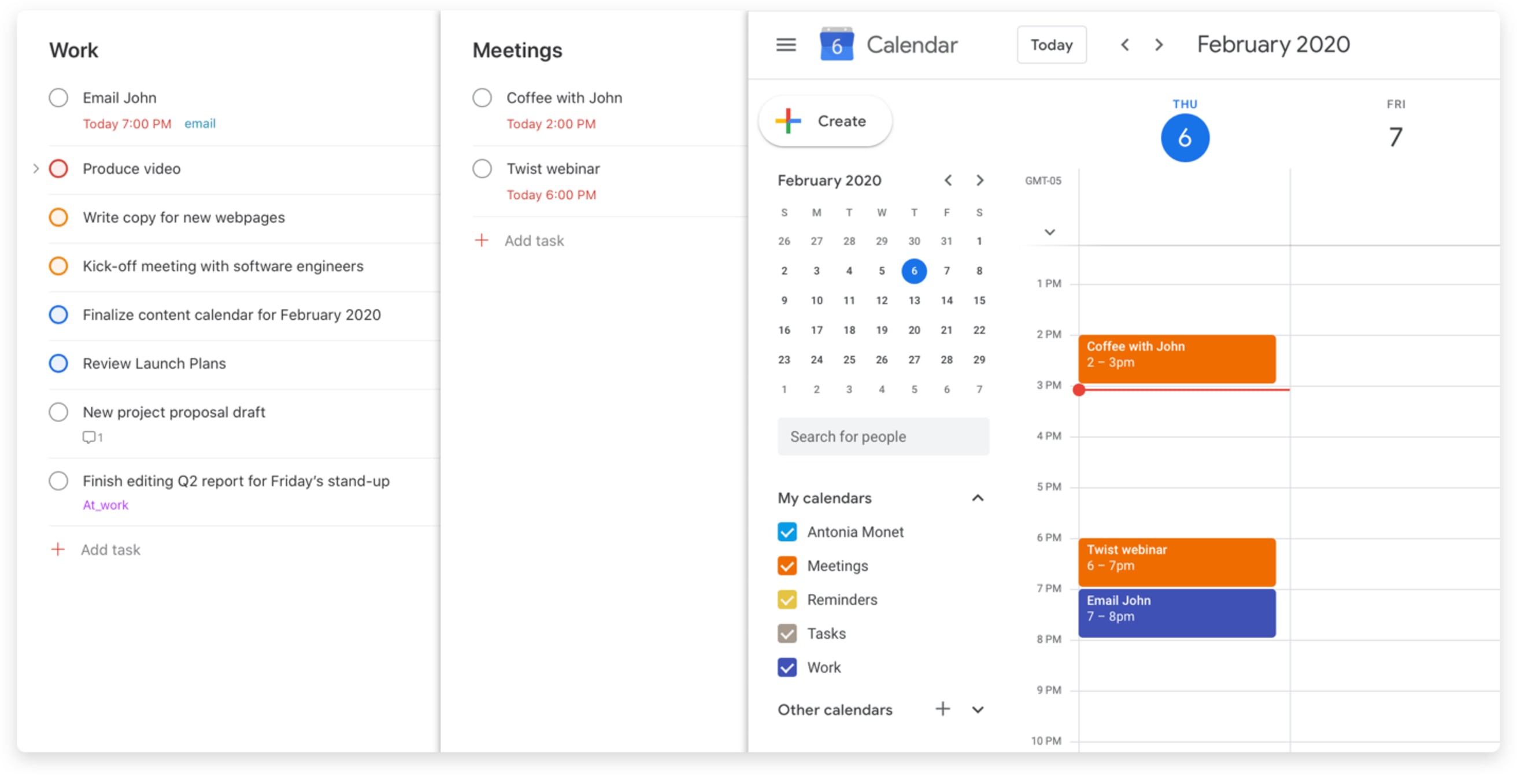 Calendar showing scheduled tasks and meetings synced between Todoist and Google Calendar. 
