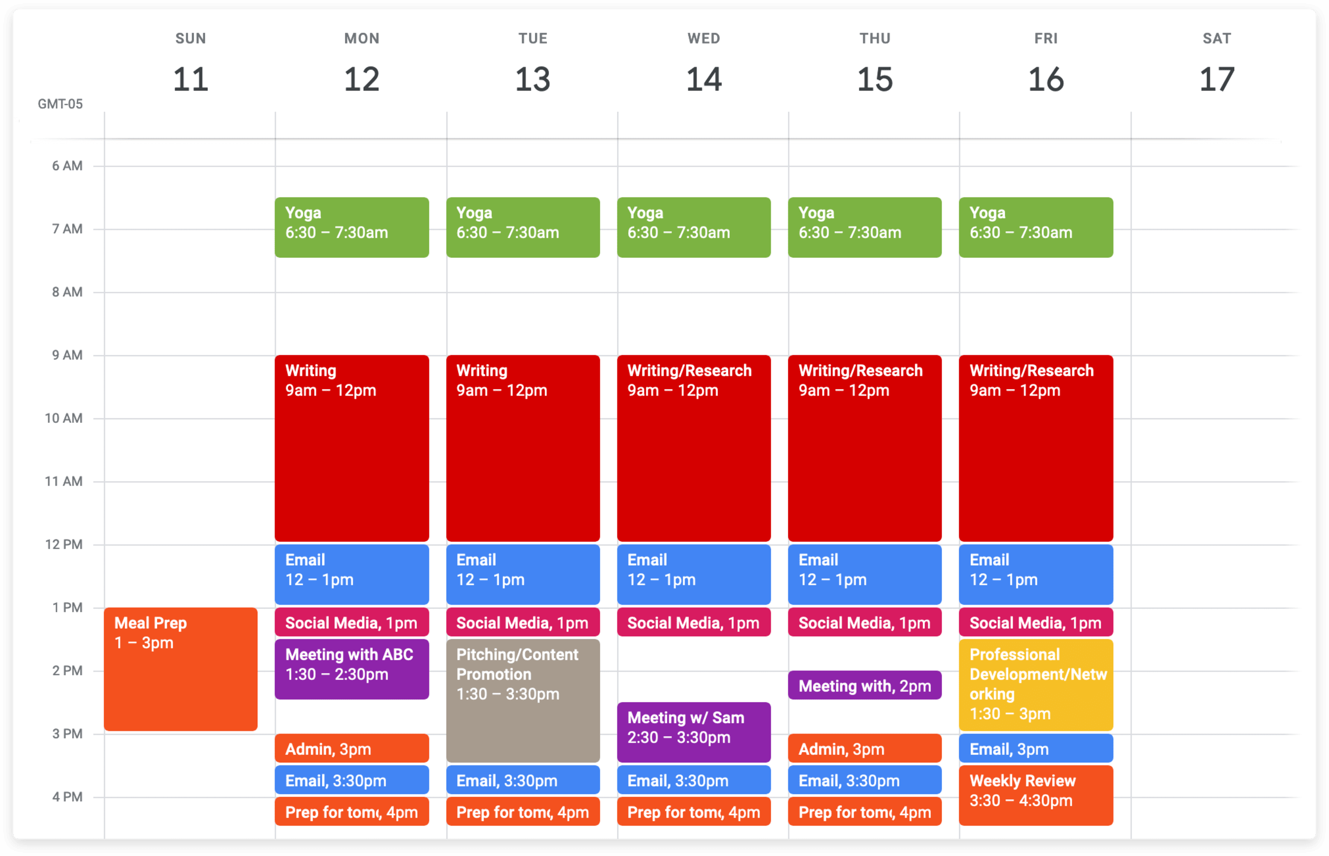 Un calendario digital colorido con una agenda que incluye cajas de tiempo programados