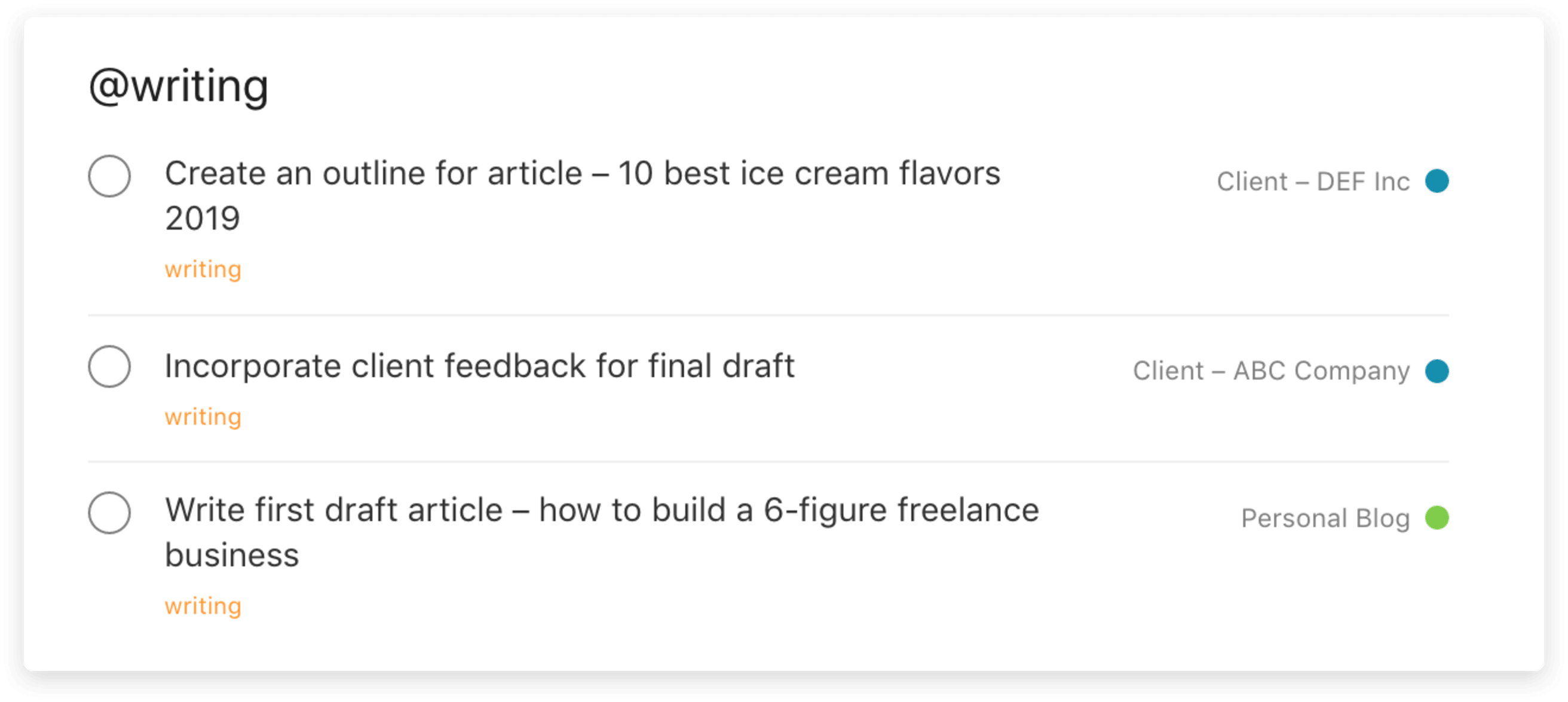List of tasks labeled with the writing label in Todoist 