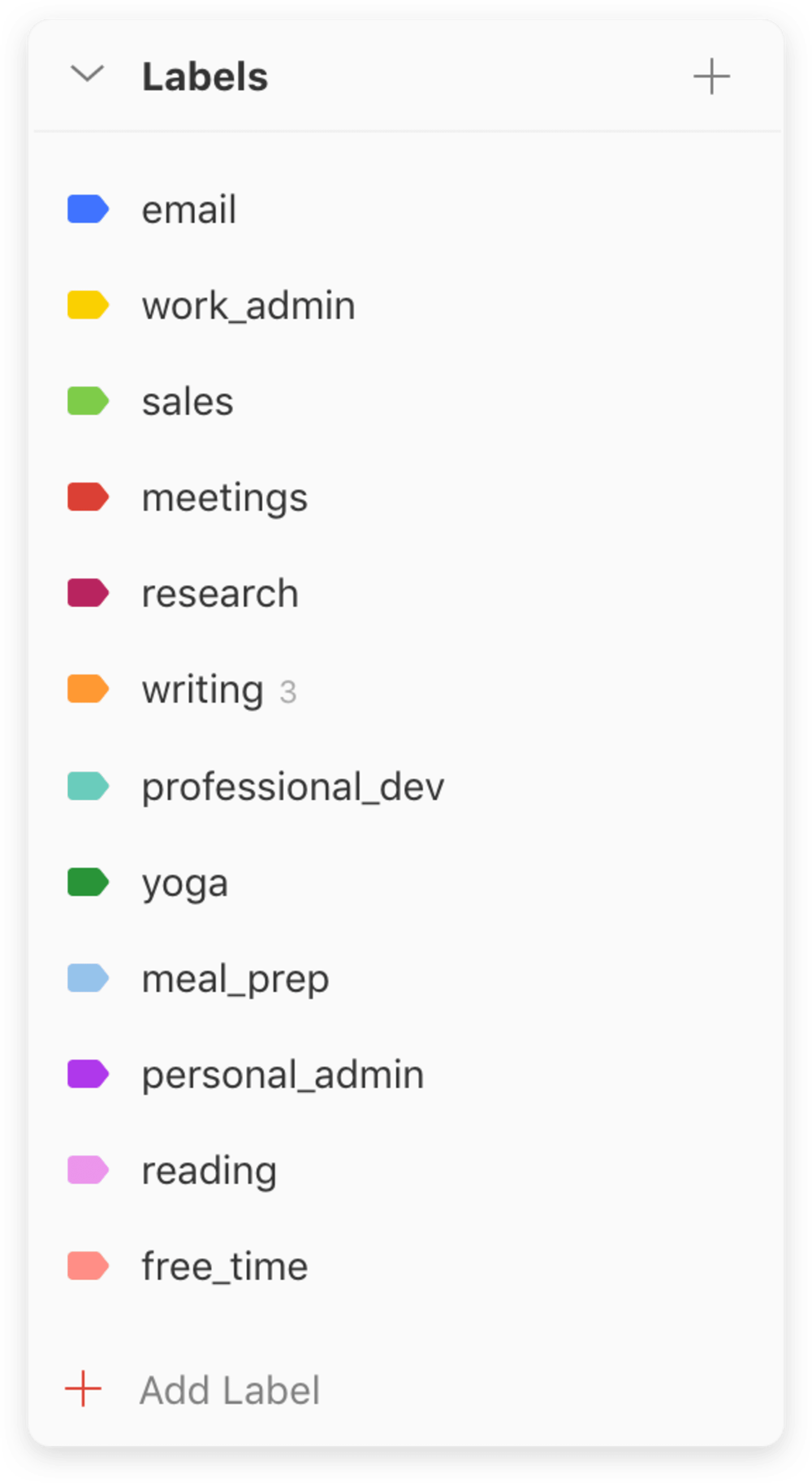 List of Todoist labels to categorize and batch tasks