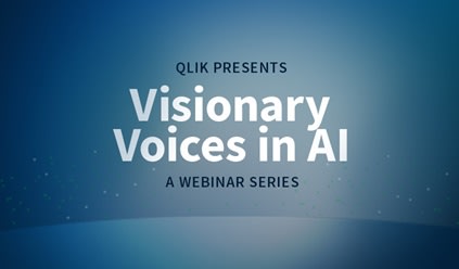 A blue gradient background with "QLIK Presents Visionary Voices in AI A Webinar Series" written in bold white text.