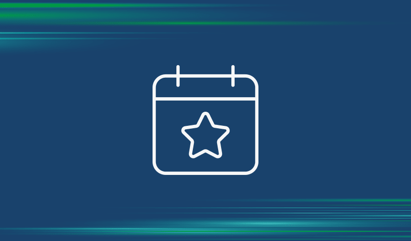 White calendar icon with a star in the center on a blue background with green and teal contrails.