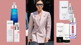 Montaje con la diseñadora Victoria Beckham y varios sérums antiarrugas