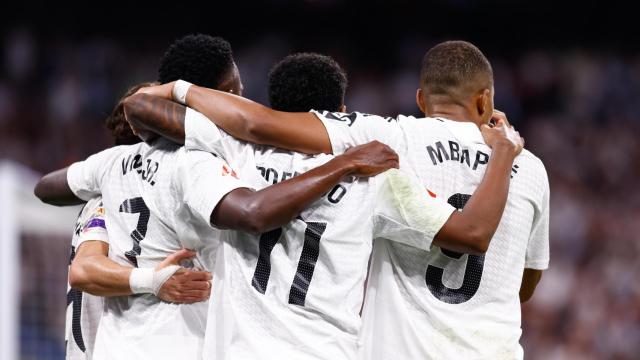 Vinicius, Rodrygo y Mbappé celebran un gol con el Real Madrid