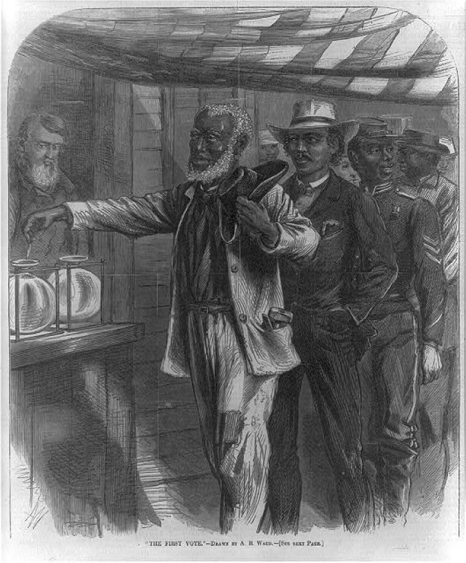 The illustration shows a line of black men standing under an American flag waiting to cast their votes. Some of them are dressed in civilian clothes; others are in soldier uniforms.