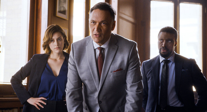 BLUFF CITY LAW -- "Pilot" Episode -- Pictured: (l-r) Caitlin McGee as Sydney Strait, Jimmy Smits as Elijah Strait, Michael Luwoye as Anthony Little -- (Photo by: NBC)