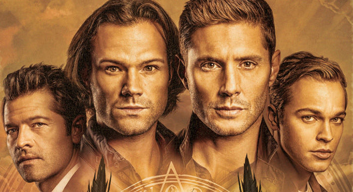 Supernatural -- Image: SN_S15_8x12_300dpi.jpg -- Pictured (L-R): Misha Collins as Castiel, Jared Padalecki as Sam, Jensen Ackles as Dean and Alexander Calvert as Jack -- Credit: The CW -- © 2019 The CW Network. All Rights Reserved