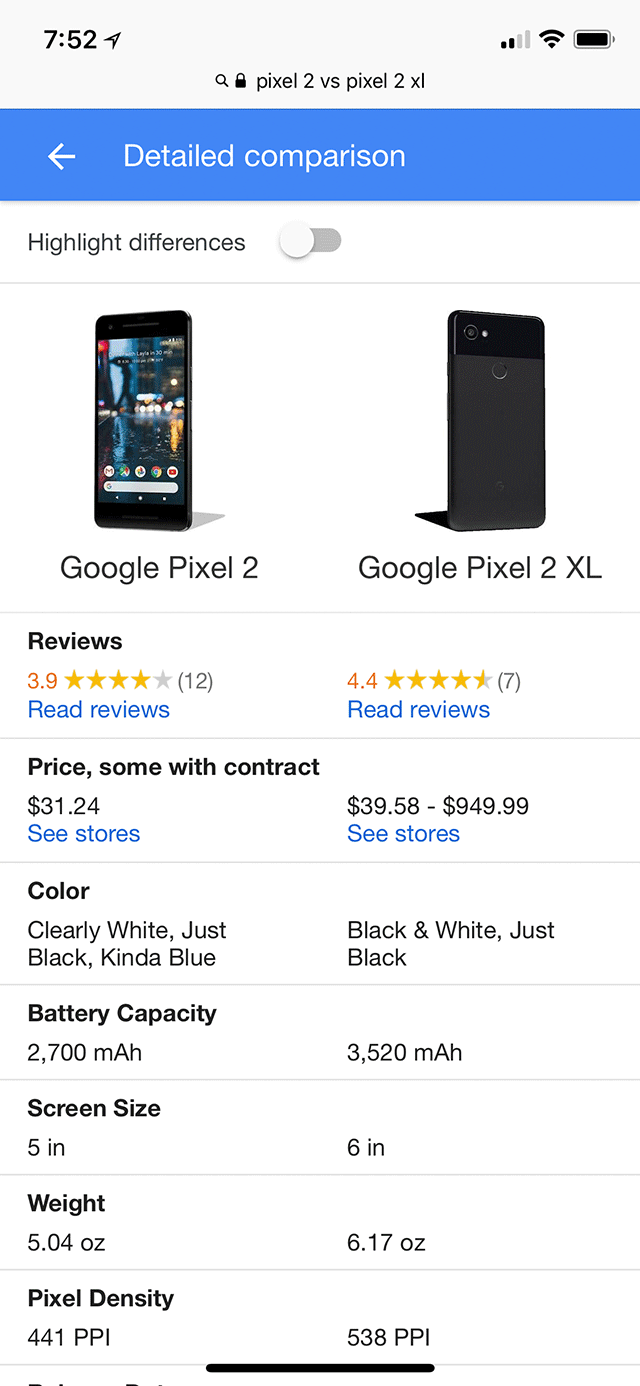 Google Product Highlight Differences