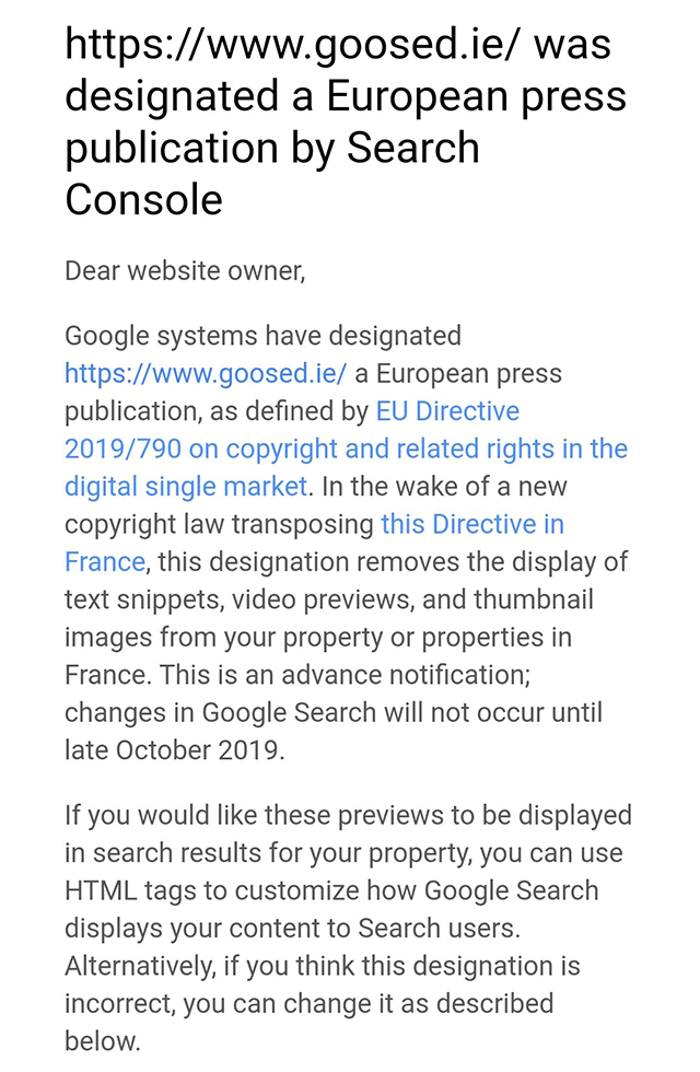 Google Search Console Eu Press Notice