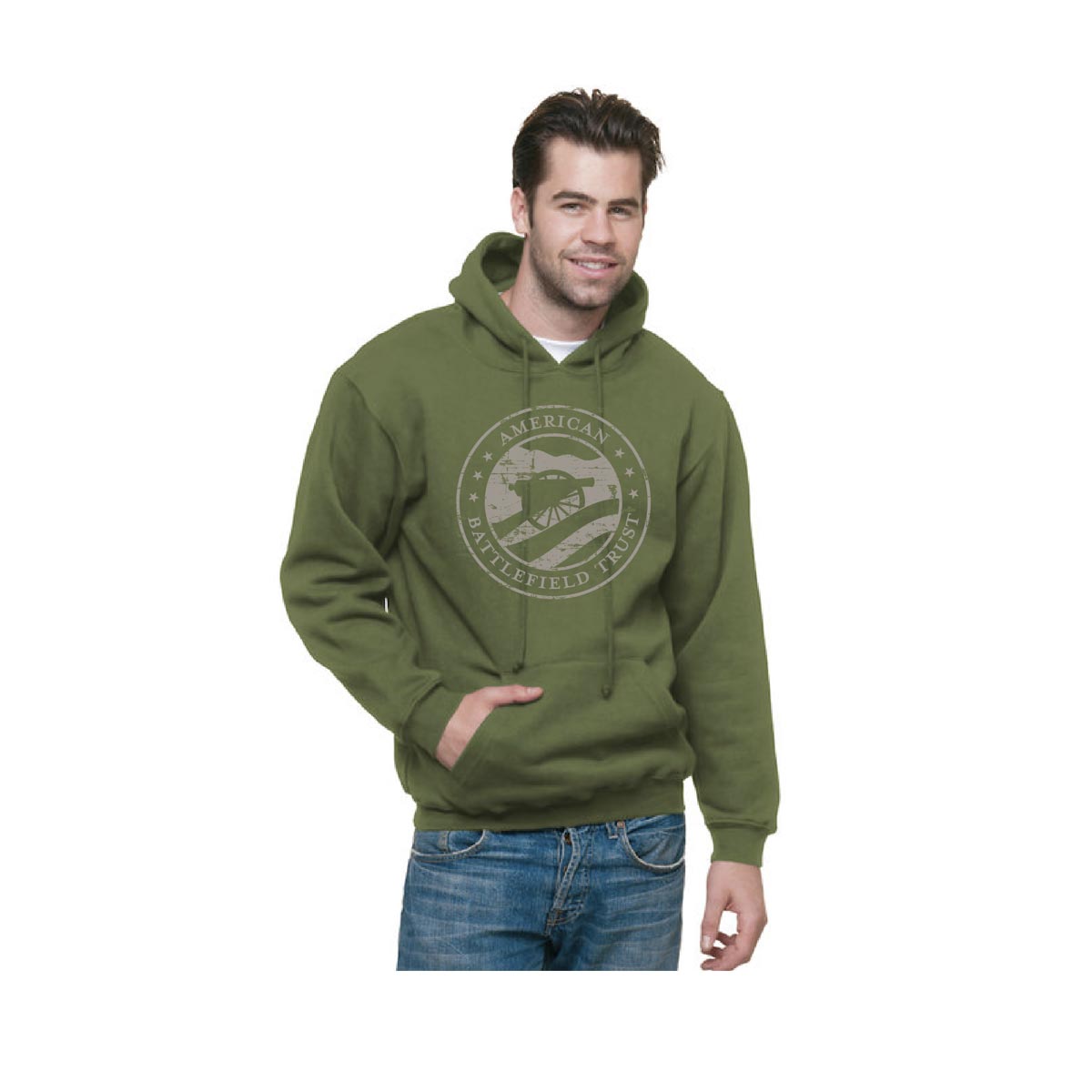 Man wearing army green hooded Sweatshirt with the distressed ABT circle logo