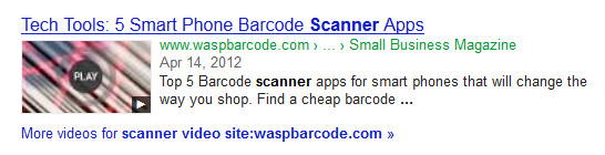 Wasp Bar Code Video Page in Search Results