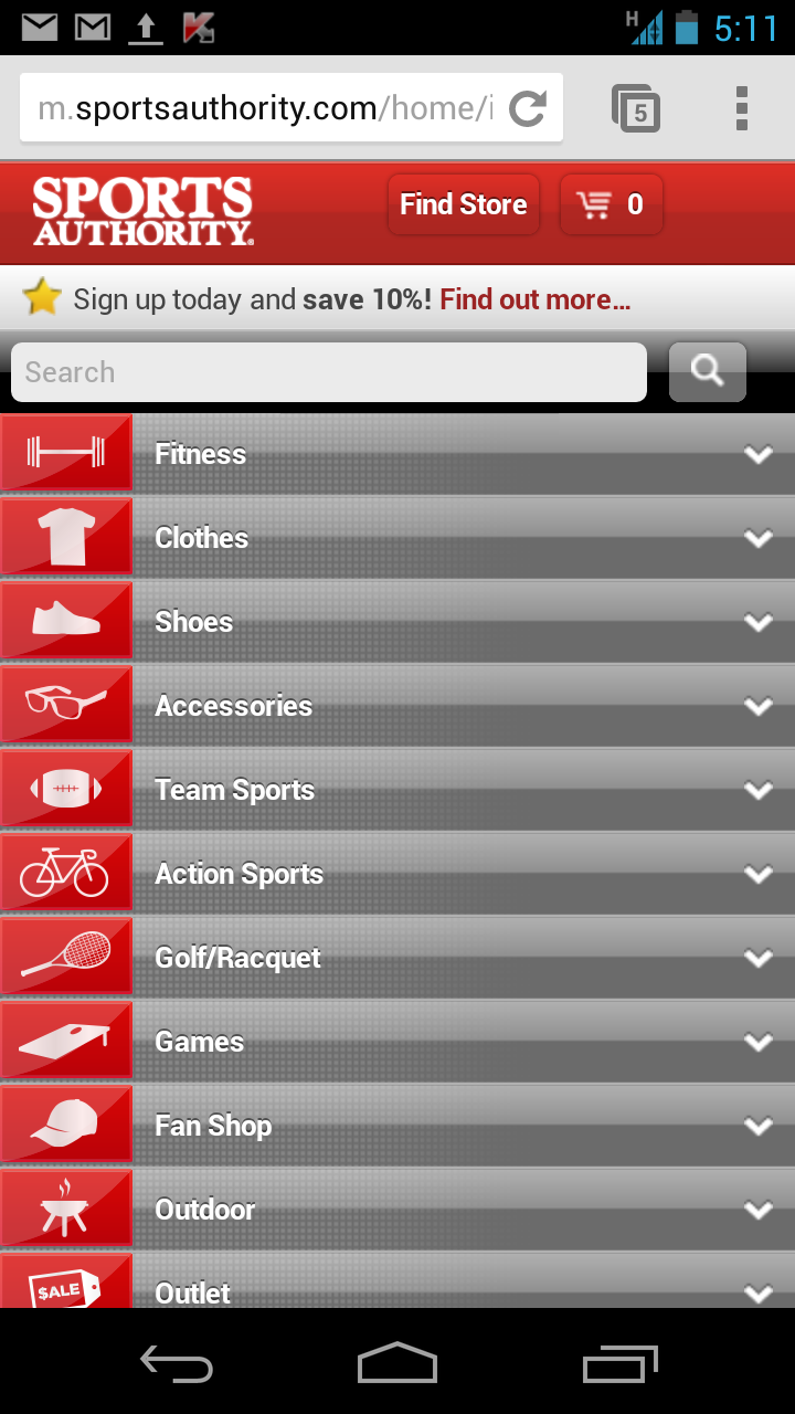 The first thing mobile visitors to m.sportsauthority.com see is the store locator.
