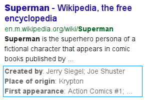superman wikipedia listing with structured data snippets