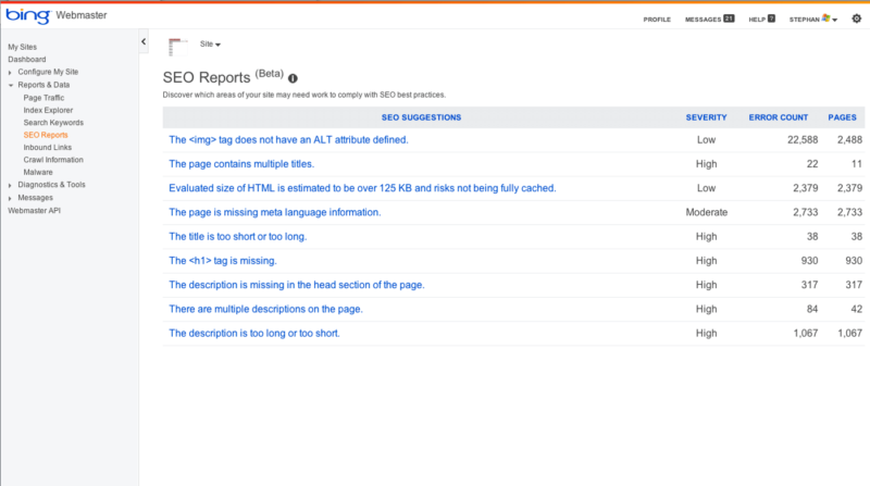 bing webmaster tools seo reports