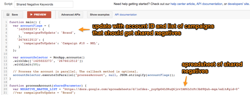 Shared Negatives AdWords Script