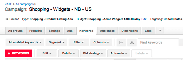 negative keywords in shopping campaign