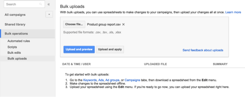 bulk uploads product groups shopping campaigns management