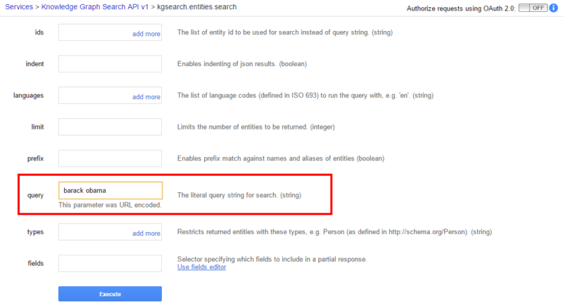 Google APIs Explorer barack obama query