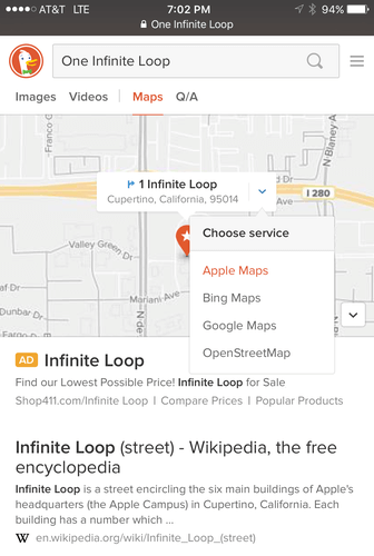 DuckDuckGo mobile directions