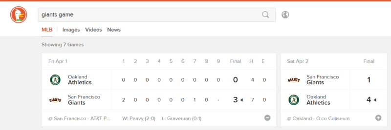 DuckDuckGo expanded MLB instant answer