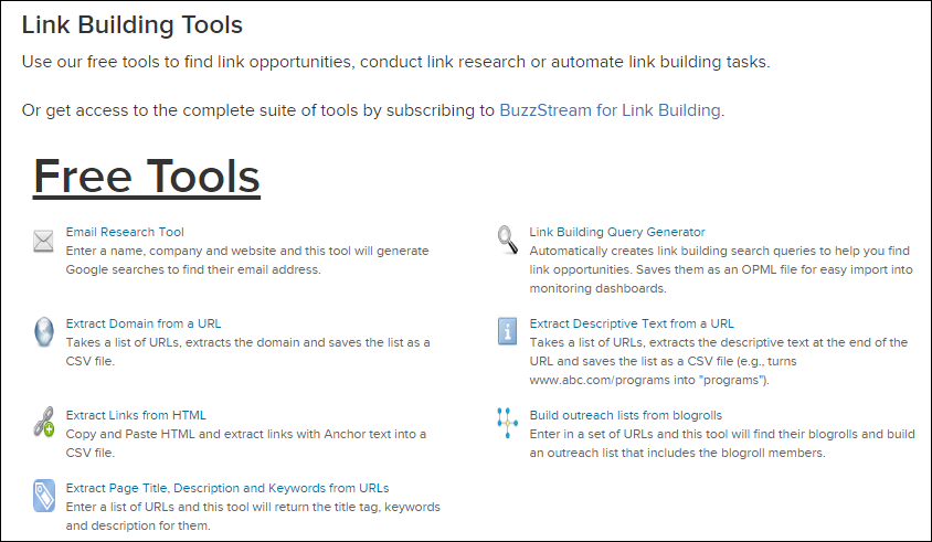 Buzzstream link building tools screenshot