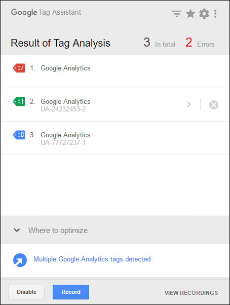 Google tag assistant screenshot