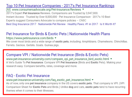 Exotic Pet Insurance SERP