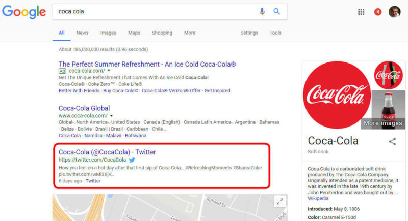 Coca-Cola's Twitter account in Google search results