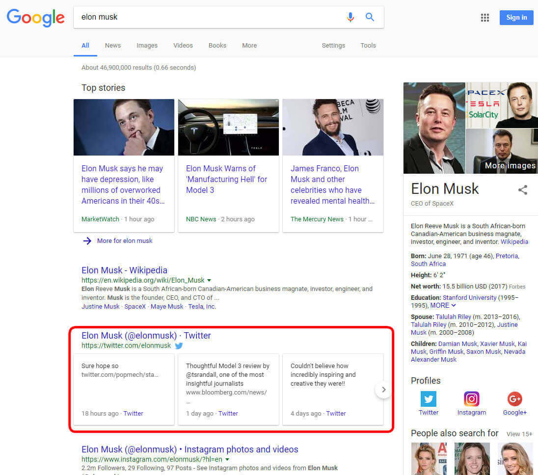 Elon Musk Tesla CEO Twitter profile in Google search results