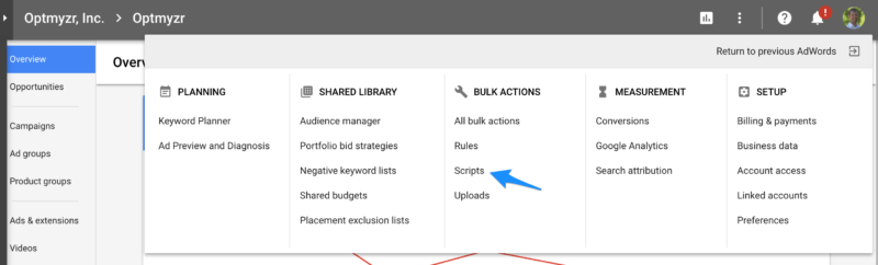 Where To Find Scripts In New AdWords Interface