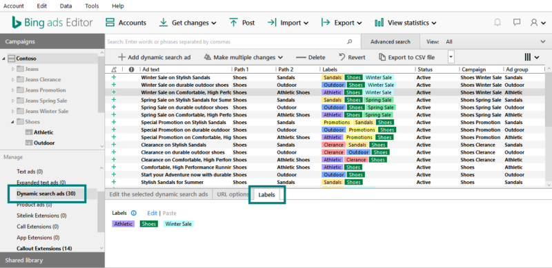 Bing Ads Dynamic Search Ad Labels Editor