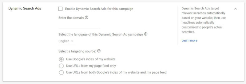 Fig 34 Dynamic Search Ads Settings In Google AdWords