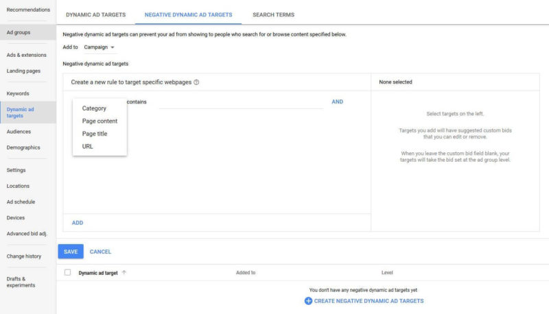 Fig. 35 Negative Ad Target Rules For Dynamic Search Ads