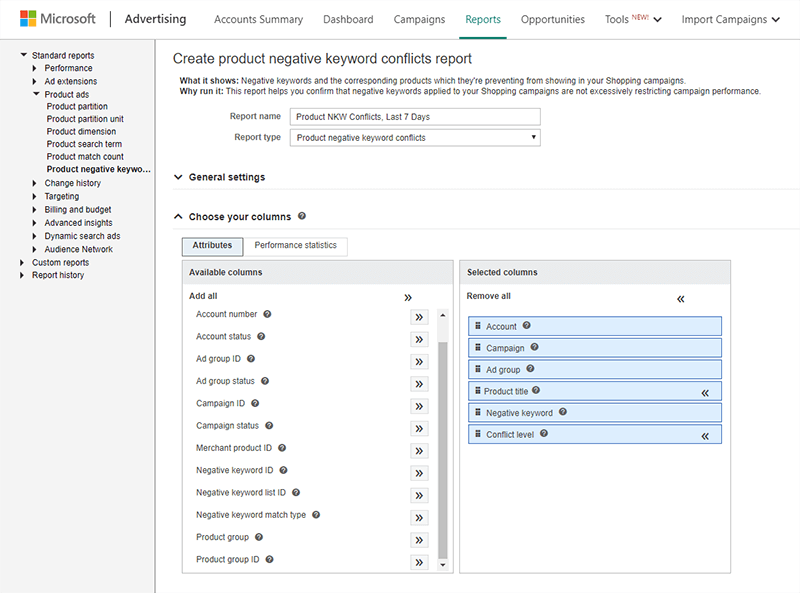 Microsoft Advertising Negative Product Keyword Report