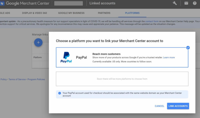 Google Merchant Center Link Platforms Choice Window 051220