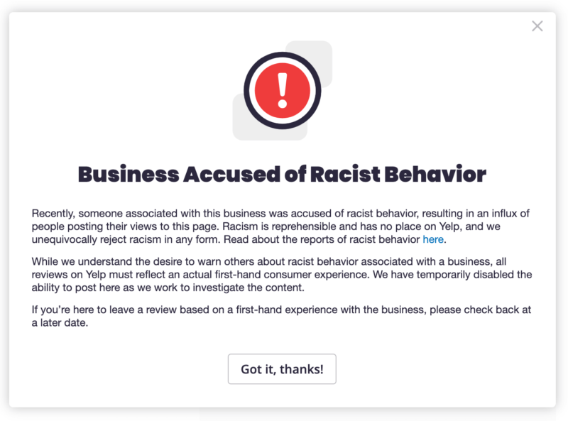 Yelp Business Accused Of Racist Behavior Alert