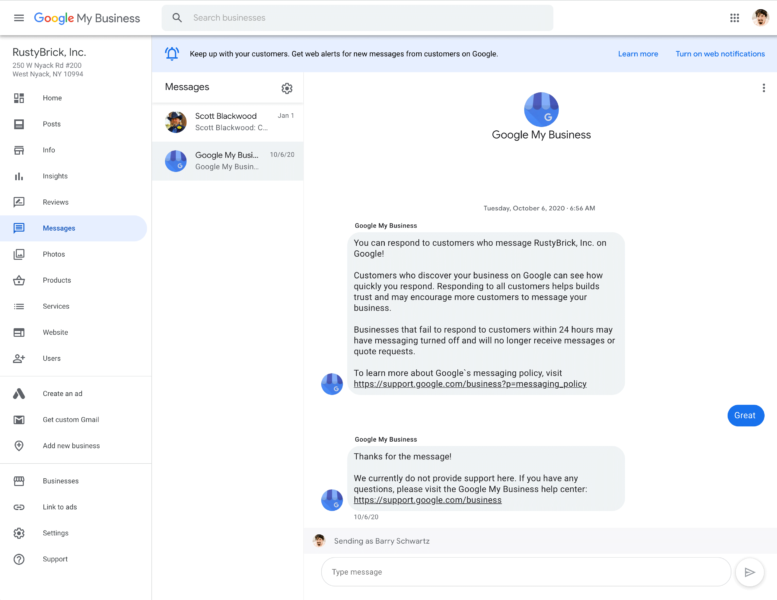 Google MY Business messaging interface showing messages and responses like a chat box on desktop