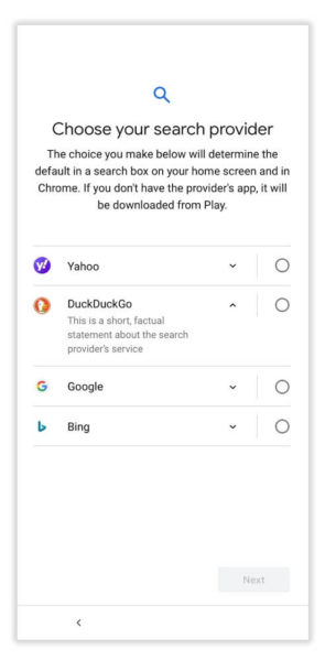 An example of the search choice screen, with four options, including Google.