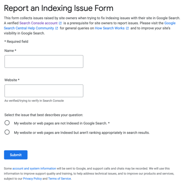 Google Report Indexing Issue Form