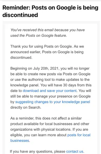 Google Posts Knowledge Panels Discontinued