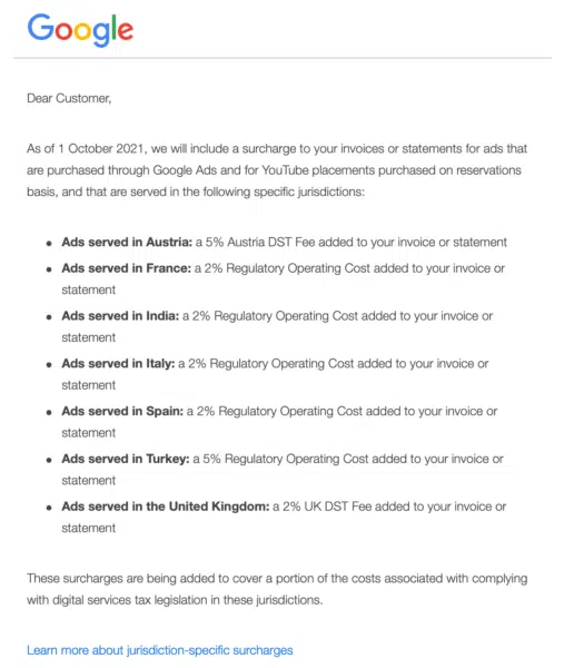 The Google email sent to advertisers regarding its regulatory operating cost surcharge in various markets.