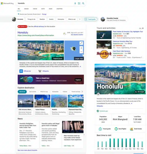 An example of a Bing search result for a vacation destination.