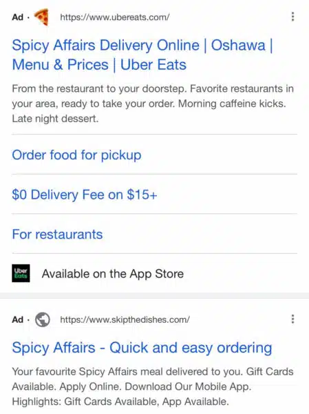 A screenshot of an Uber Eats Google Ad with favicon.