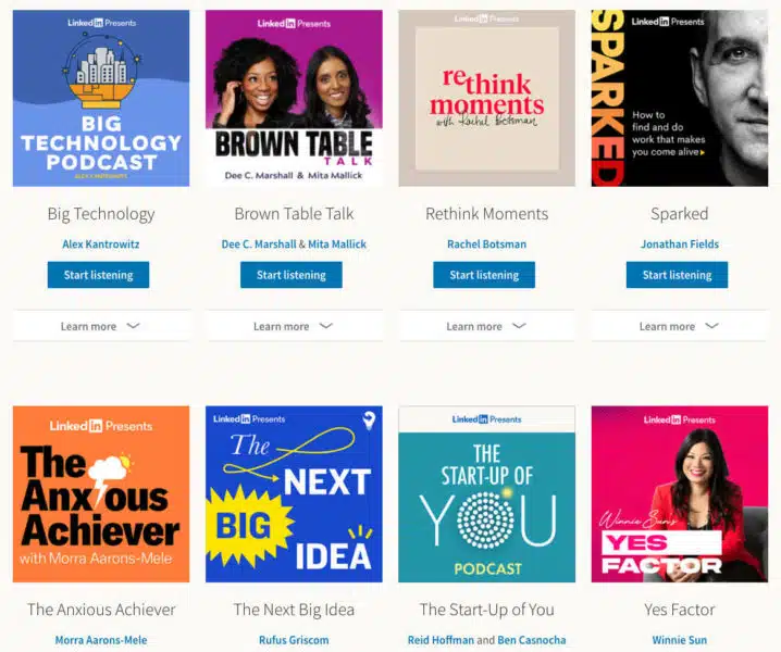 A screenshot of podcasts from the LinkedIn Podcast Network
