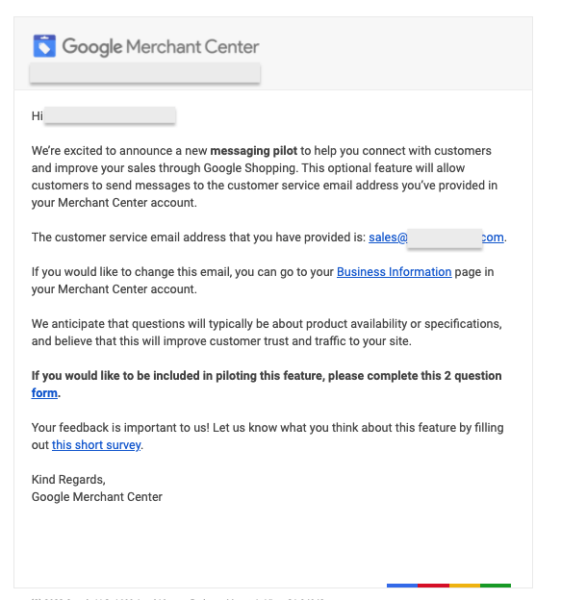 The messaging pilot invitation email Google sent to merchants