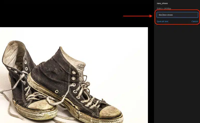 The edit alt text feature for images in Shopify