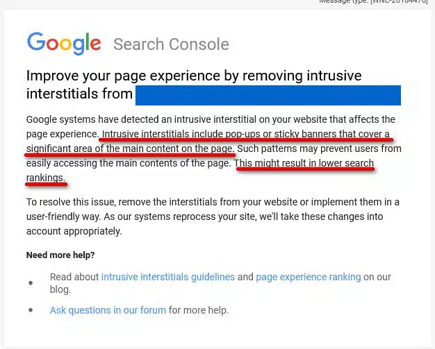 Google Mobile Intrusive Interstitial Notice